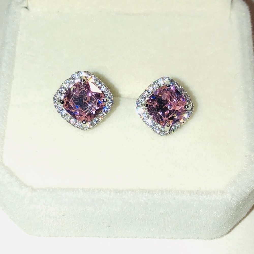 18k Pink Halo Princess 1-1/4 ct Earrings NEW - Picture 4 of 6